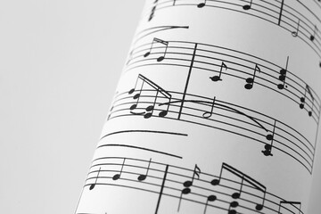 Rolled sheet with music notes on white background, closeup