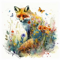 A Watercolor Playful fox Generative Ai