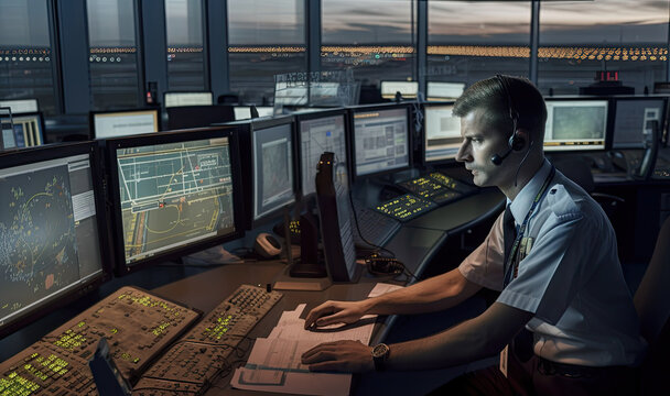 Airport traffic controllers dispatchers at work, they are responsible for directing aircraft on the ground and in the air to ensure safe and efficient movement. Generative AI