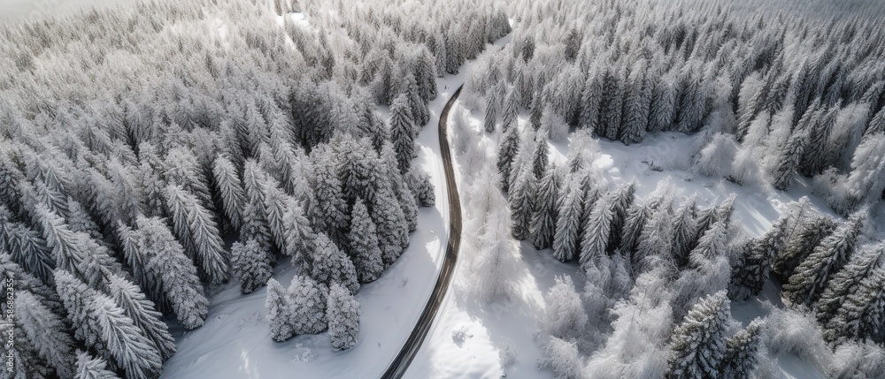 Poster View from a height on a winter country road in a snow-covered forest.Aerial view. Panoramic shot. Generative AI