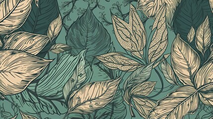 Botanical seamless pattern with vintage leaf illustration for textile design. Generative AI