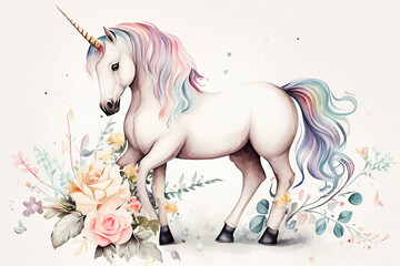 Watercolor unicorn with flowers on white background. Generative ai. - obrazy, fototapety, plakaty