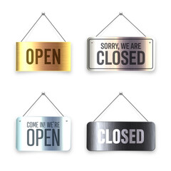 Brushed metal Open and Closed hanging signboards. Vintage door sign for cafe, restaurant, bar or retail store. Announcement banner, information signage for business or service. Vector illustration