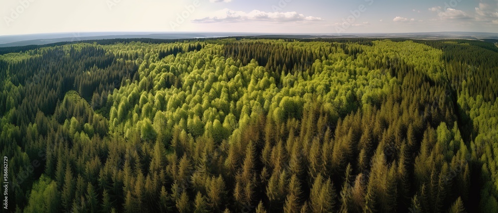 Poster beautiful bird's-eye view of the rainforest.aerial view. panoramic shot. generative ai