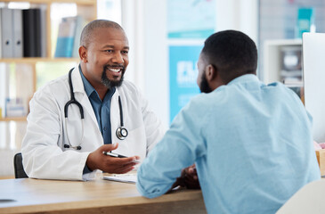 Happy, talking and doctor with a black man for healthcare, support and advice on treatment. Smile, consulting and an African gp with a patient speaking about medicine, health and professional help - Powered by Adobe