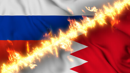 Illustration of a waving flag of russia and Bahrain separated by a line of fire. Crossed flags: depiction of strained relations, conflicts and rivalry between the two countries.