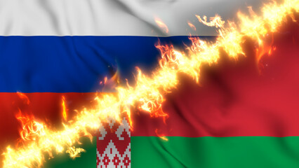 Illustration of a waving flag of russia and Belarus separated by a line of fire. Crossed flags: depiction of strained relations, conflicts and rivalry between the two countries.