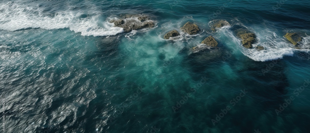 Poster A beautiful picture of a rocky beach with a cliff from above.Aerial view. Panoramic shot. Generative AI