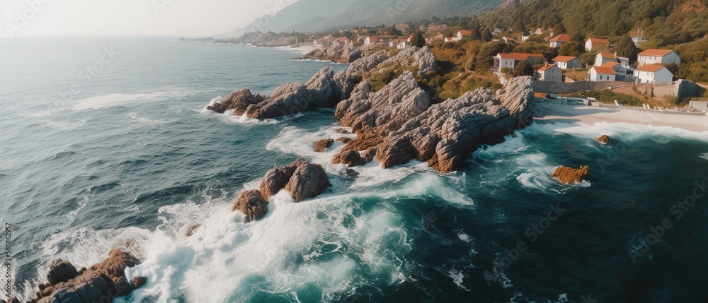 Poster a beautiful picture of a rocky beach with a cliff from above.aerial view. panoramic shot. generative