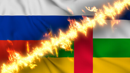 Illustration of a waving flag of russia and Central African Republic separated by a line of fire. Crossed flags: depiction of strained relations, conflicts and rivalry between the two countries.
