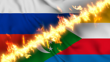 Illustration of a waving flag of russia and Comoros separated by a line of fire. Crossed flags: depiction of strained relations, conflicts and rivalry between the two countries.