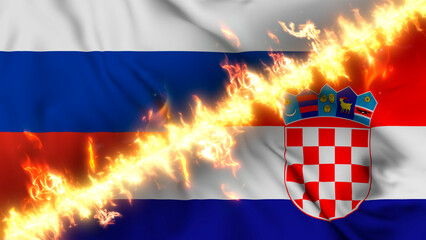 Illustration of a waving flag of russia and Croatia separated by a line of fire. Crossed flags: depiction of strained relations, conflicts and rivalry between the two countries.