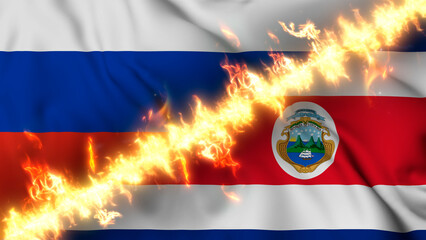 Illustration of a waving flag of russia and Costa Rica separated by a line of fire. Crossed flags: depiction of strained relations, conflicts and rivalry between the two countries.