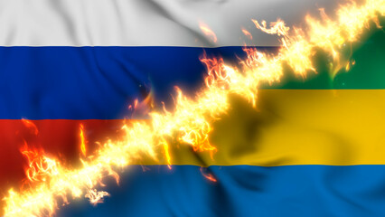 Illustration of a waving flag of russia and Gabon separated by a line of fire. Crossed flags: depiction of strained relations, conflicts and rivalry between the two countries.