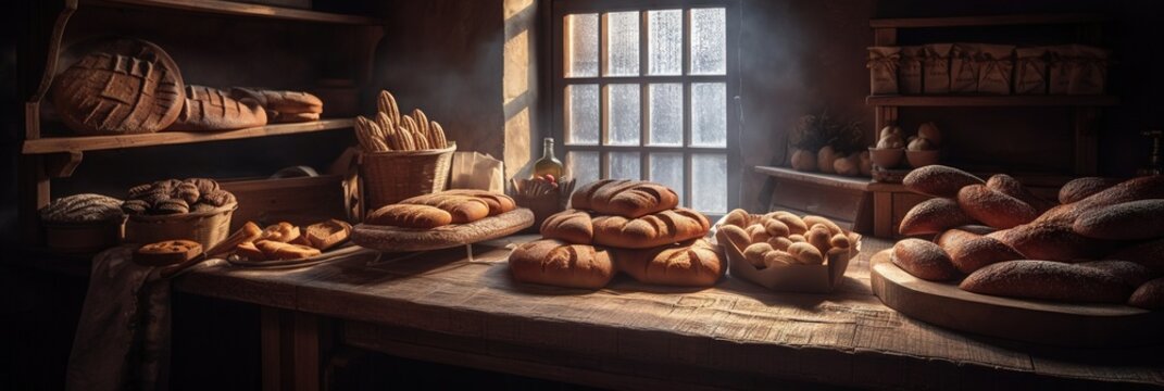 Traditional rustic bakery. Bread and other backed goods on display. Generative ai