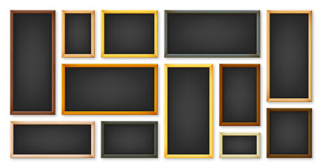 Realistic various chalkboards in a wooden frame. Black restaurant menu board. School blackboard, writing surface for text or drawing. Blank advertising or presentation boards. Vector illustration
