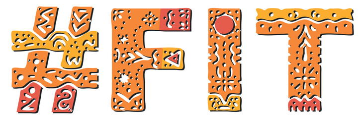 FIT Hashtag. Isolated text with national ethnic ornament. Patterned Hashtag #FIT for Adult sexual girl figure, social network, web resources, mobile app