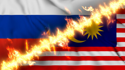 Illustration of a waving flag of russia and Malaysia separated by a line of fire. Crossed flags: depiction of strained relations, conflicts and rivalry between the two countries.