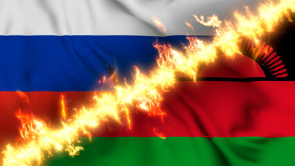 Illustration of a waving flag of russia and Malawi separated by a line of fire. Crossed flags: depiction of strained relations, conflicts and rivalry between the two countries.