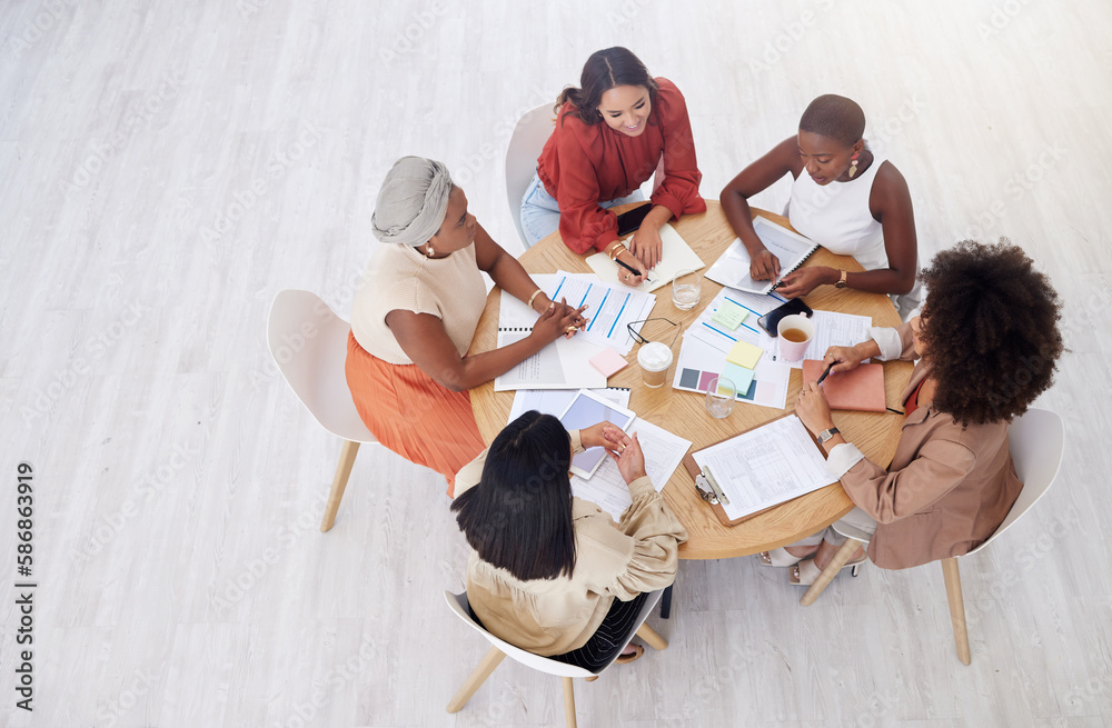 Sticker collaboration, planning and overhead with a business women team reading documents during an office m