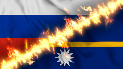 Illustration of a waving flag of russia and Nauru separated by a line of fire. Crossed flags: depiction of strained relations, conflicts and rivalry between the two countries.