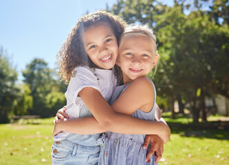Summer camp, portrait or happy children hugging in park together for fun, bonding or playing in outdoors. Fun girls, diversity or young best friends smiling or embracing on school holidays outside