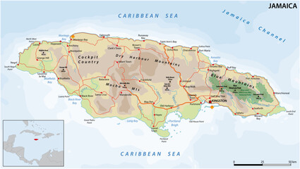 Vector road map of the Caribbean island nation of Jamaica - obrazy, fototapety, plakaty