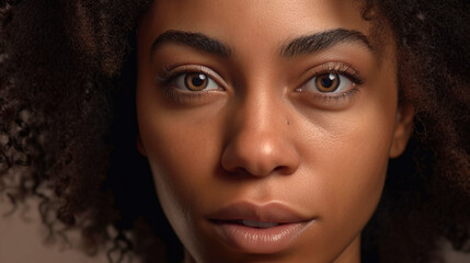 Fototapeta premium Close-up view on face of black woman on beige background