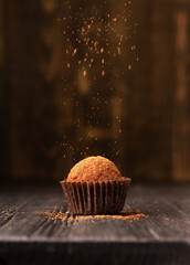Delicious chocolate truffles sprinkled with cocoa on a black reflective background.