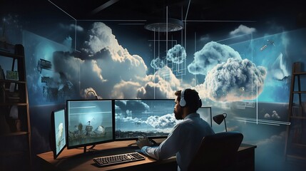 Focused Cloud Developer at Work in Modern Tech Environment - Digital Art Illustration of Cutting-Edge Technoligie