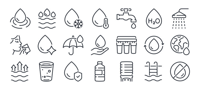 Water concept editable stroke outline icons set isolated on white background flat vector illustration. Pixel perfect. 64 x 64.