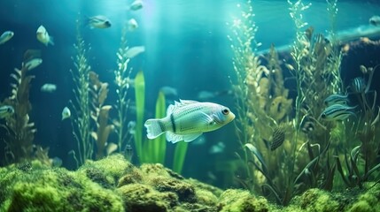 Fototapeta na wymiar small aquarium scene underwater world full of fish swimming among forest , Generative Ai