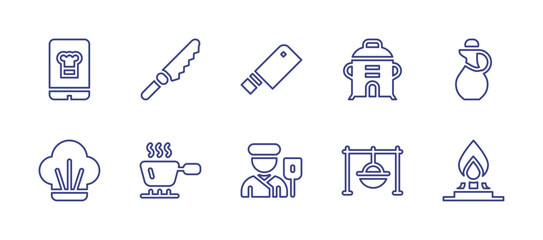 Cooking line icon set. Editable stroke. Vector illustration. Containing smartphone, knife, cooking pot, oil, chef, cooking, gas stove.