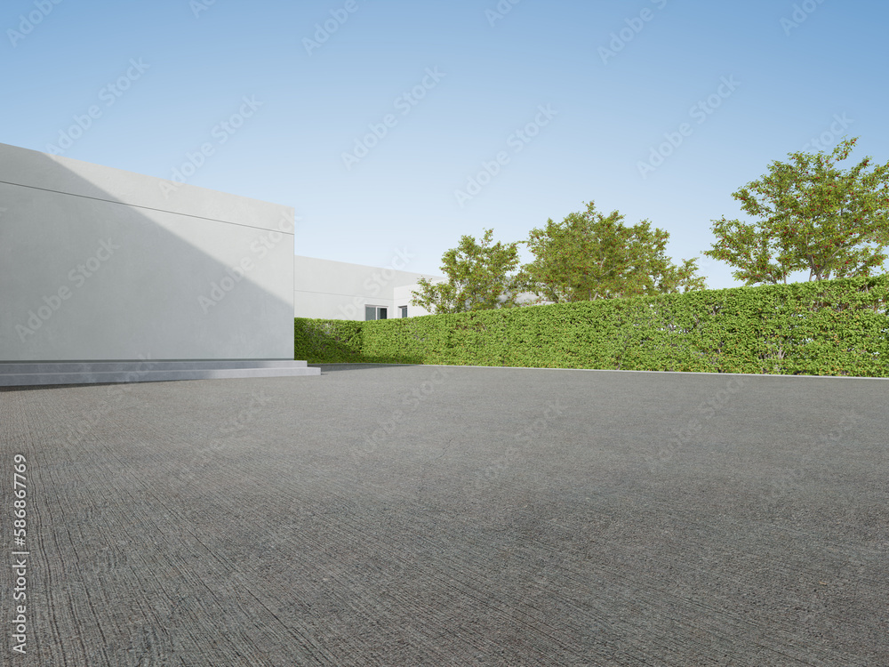 Poster 3d rendering of modern building entrance with large white wall. Minimal architecture.