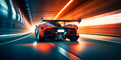 Plakat Speeding Through the Light: Futuristic Sport racing car at high speed riding in illuminated road tunnel. Generative AI