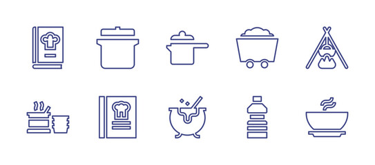 Cooking line icon set. Editable stroke. Vector illustration. Containing cook book, cooking pot, cooking pots, coal, fire, cauldron, cooking oil, soup.