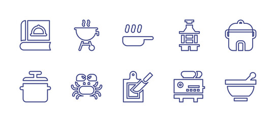 Cooking line icon set. Editable stroke. Vector illustration. Containing cook book, barbecue, frying pan, grill, rice cooker, cooking pot, crab, cutting board, toaster, kitchen pack.