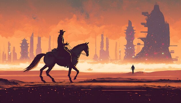 Silhouette of man riding horse against futuristic city in desert, digital art style, illustration painting , Generative AI