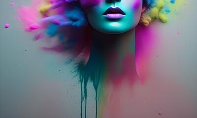 Pół twarzy kobiety, rozlana farba, kolorowy proszek. Obraz wytworzony z AI. - obrazy, fototapety, plakaty