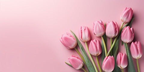 Spring tulip flowers on pink background top view in flat lay style. Greeting for Womens or Mothers Day or Spring Sale Banner, generative AI