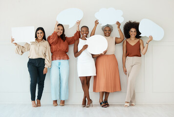 Business woman, team and speech bubble in social media holding shapes or icons against a wall...