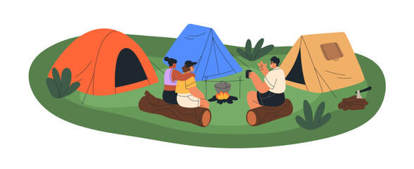 Campers sitting around bonfire at campground. Friends tourists relaxing, camping in nature, talking by fire, at tents on summer vacation, holiday. Flat vector illustration isolated on white background - obrazy, fototapety, plakaty