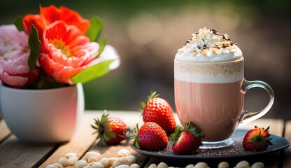 strawberry milkshake on wooden table with strawberry topping, idea sweet drink homemade, Generative Ai