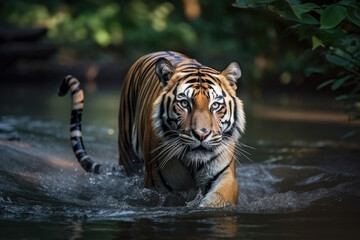 Fototapeta na wymiar Tiger runs on water, in forest. Dangerous animal. wildlife animal background. Animal in a green forest stream, generative AI