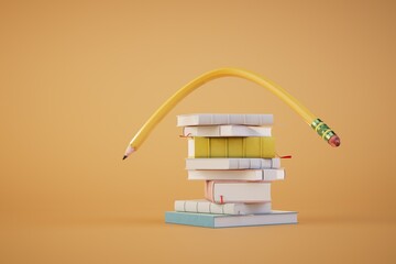 the concept of homeschooling. a stack of books and a simple pencil on a pastel background. 3D render