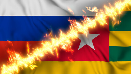Illustration of a waving flag of russia and Togo separated by a line of fire. Crossed flags: depiction of strained relations, conflicts and rivalry between the two countries.