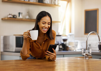 Smile, kitchen and woman with phone, coffee and relax while browsing internet, checking social...