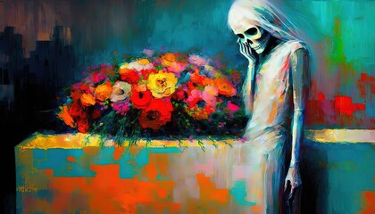 a white ghost with coffin in funeral , Generative Ai