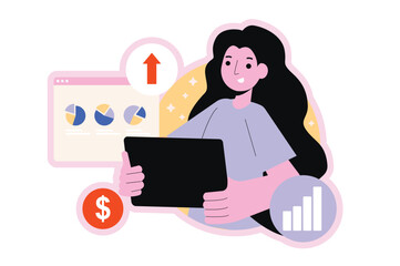 Business process round concept with people scene in the flat cartoon style. Business woman analyzes successes of her business company. Vector illustration.