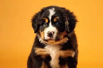 Posing Berner Sennenhund puppy. On a yellow background, a cute puppy or other pet is playing. appears excited and fun. studio photography. idea of motion, action, and movement. Unoccupied space